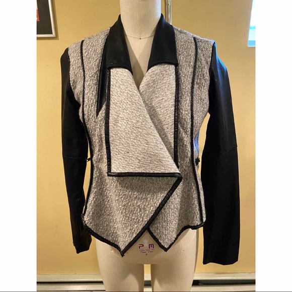 Blank NYC Grey Wool Jacket with Vegan Leather Detailing and Sleeves - Picture 4 of 12